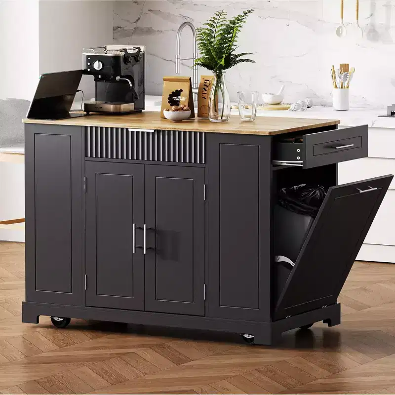 Whisen Classic Style Kitchen Islands on 5 Wheels with 3 Drawer and 3 Open Side Racks