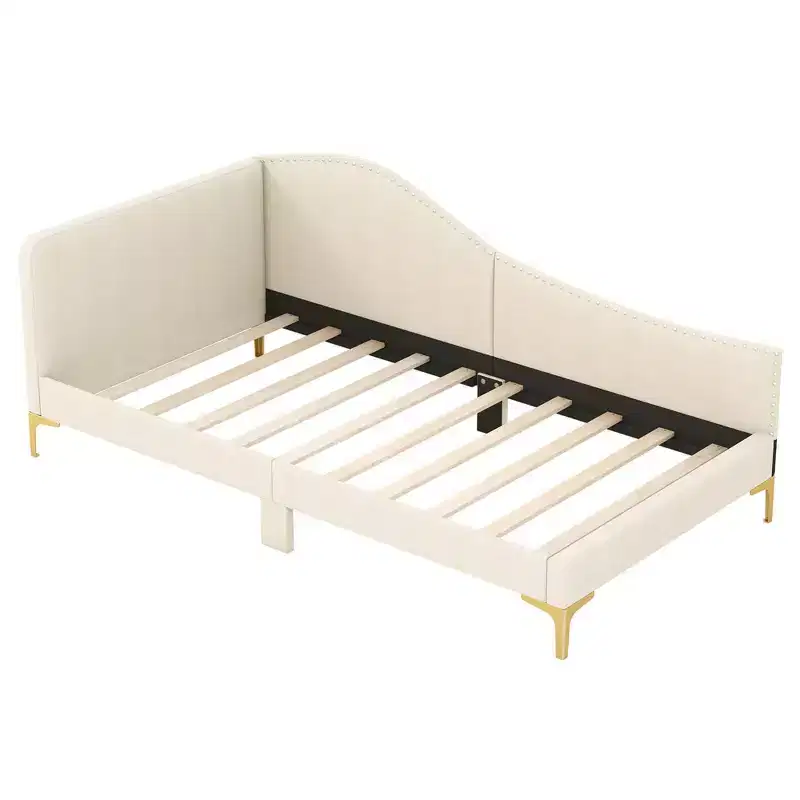 Costway Twin/Full Size Upholstered Daybed Rivet-Tufted Platform Bed with Metal Legs