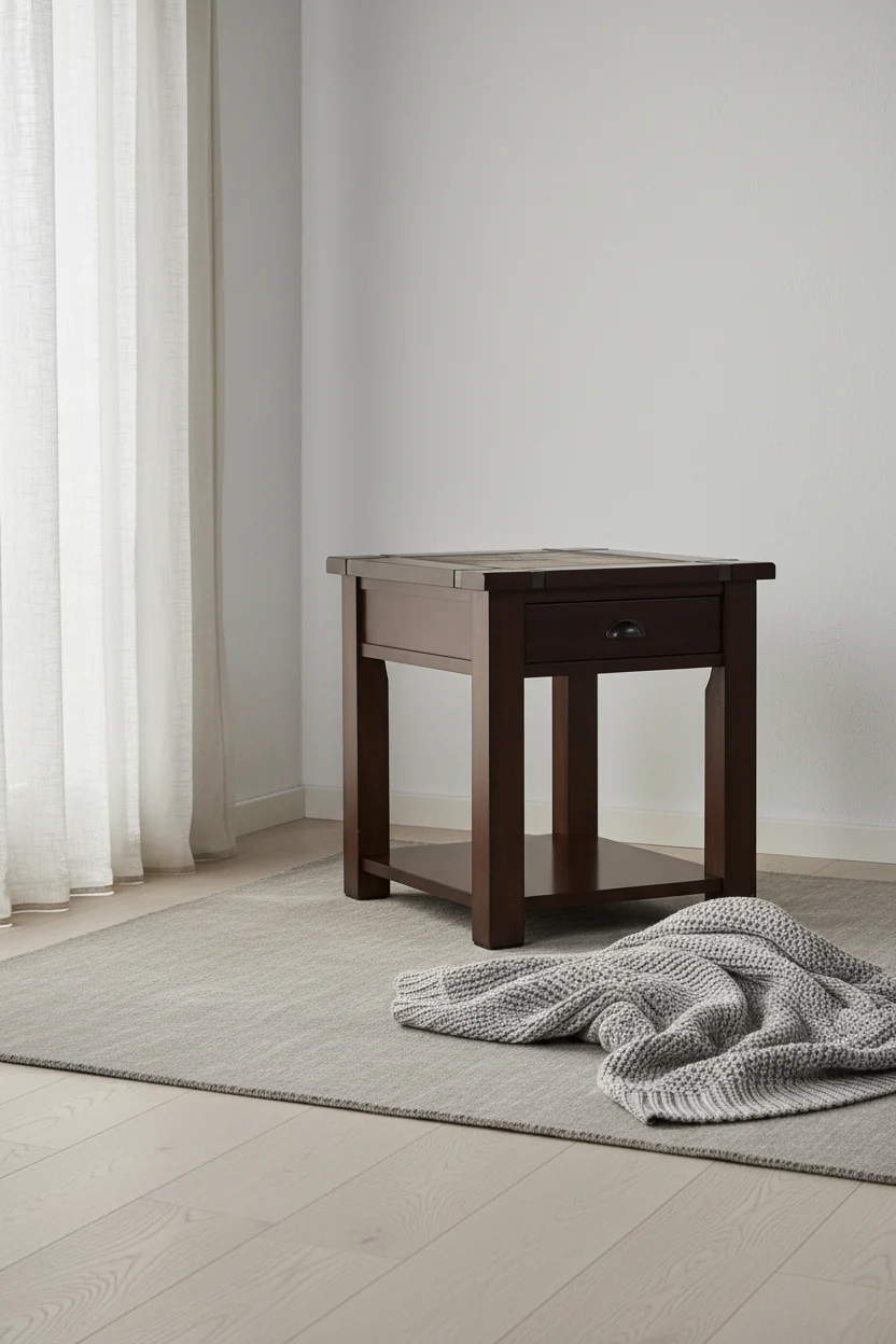 22 Rustic End Table with Storage and Shelf - Dark Cherry Wood and Slate Inlay