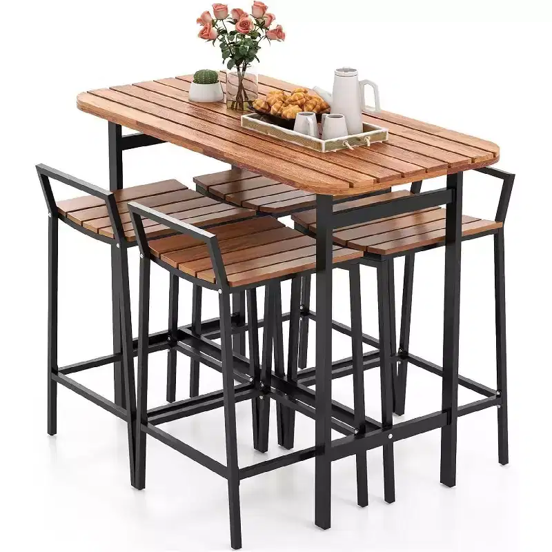 Gymax 5 PCS Outdoor Bar Table Set w/ Acacia Wood Surfaces and Sturdy Metal Frame Bar Height Table & Chairs for Patio Deck Balcony Poolside