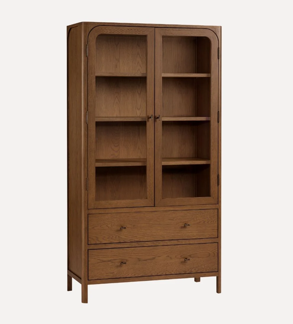 Walnut Display Cabinet ¨C Tall Glass-Front Storage with Soft-Close Drawers & Antique Bronze Hardware, 17L x 39W x 72H