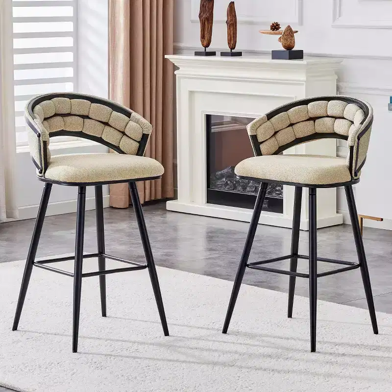 Set of 2 Modern Upholstered Bar Stools with Curved Back, 29 Seat Height, Black Iron Legs for Kitchen Island or Home Bar-Panipeachy