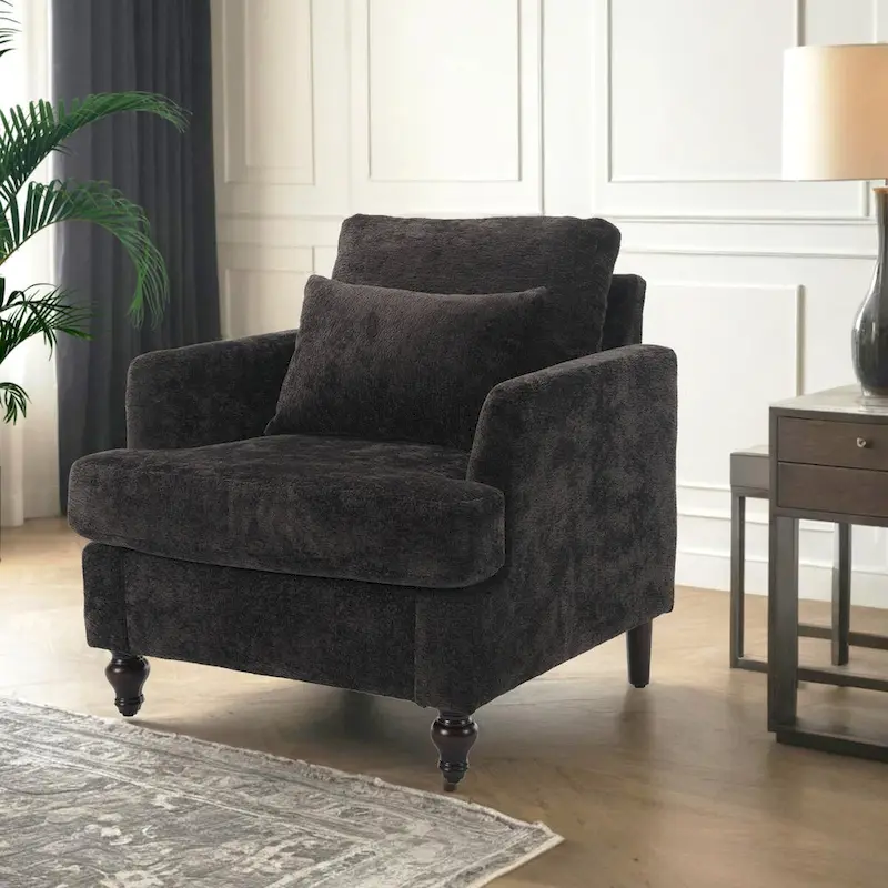 Chenille Single Sofa Chair, Upholstered Accent Chair with Soft Pillow, Mid Century Modern Reading Armchair