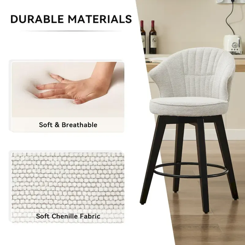 White / Blue / Dark Grey Swivel Bar Stools, Set of 2, Chenille Cushioned Counter Height Chairs with Metal Legs