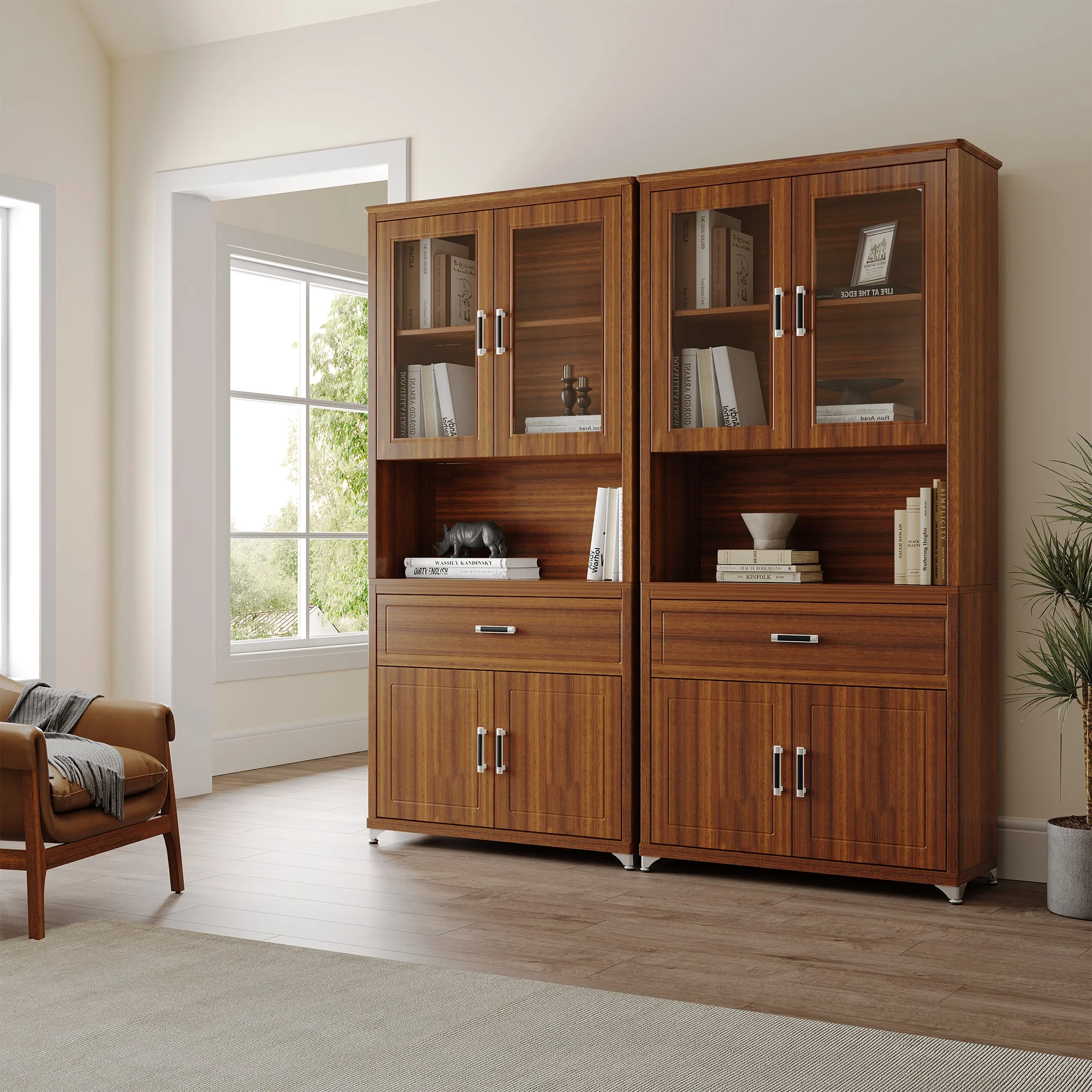 72'' Storage Bookcase with Glass Doors, Drawers and Shelves, Walnut