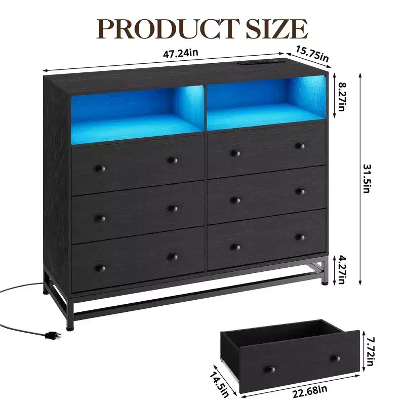 6-Drawer Dresser with Charging Station & LED Lights  Long Wood TV Stand Chest for Bedroom, Living Room or Entryway
