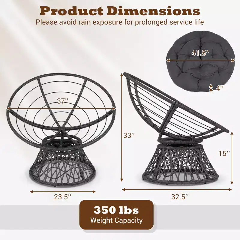 Gymax 360-DegreeSwivel Papasan Chair Round Wicker Lounge Chair w/Thick Cushion&Metal Frame
