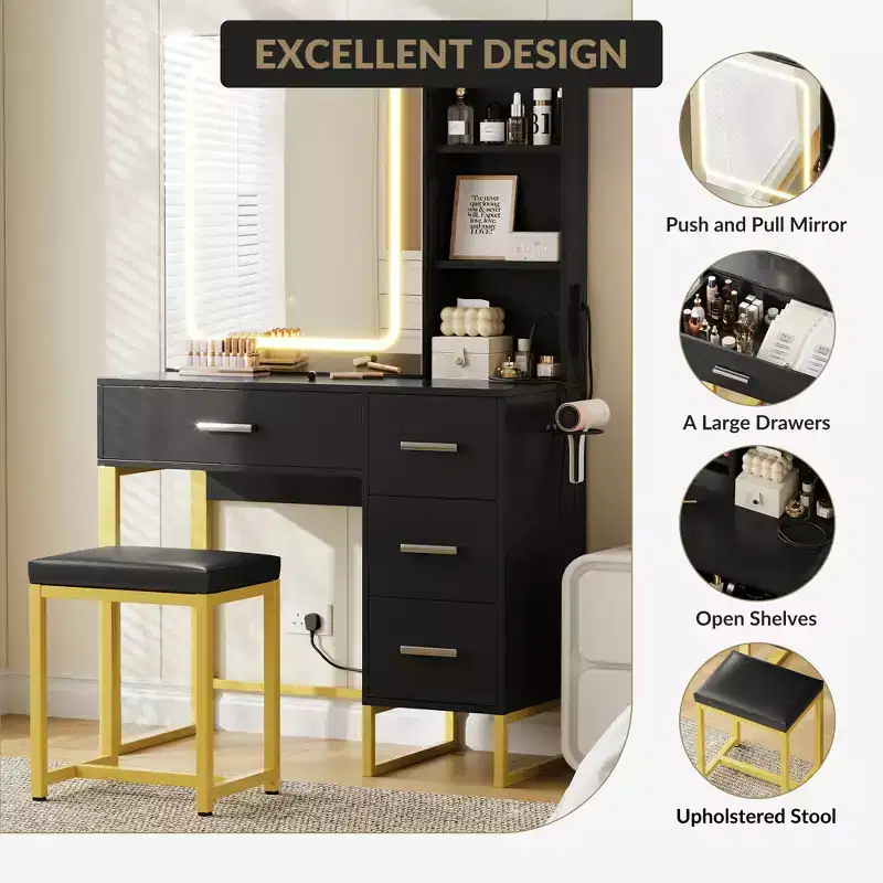 Vanity Desk, Makeup Vanity Desk with Mirror and Lights, Power Outlets, Vanity Table with Cushioned Chair