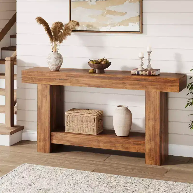 Entryway Console Table, Farmhouse 2-Tier Entryway Table, Long Sofa Accent Table Behind Couch Table with Open Storage for Entrance, Living Room, 63