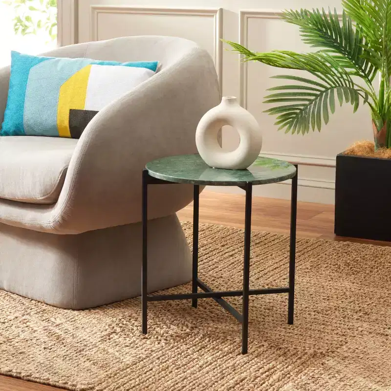 Evrynne Round Accent Table - ACC4608A - Green Marble/Black - Safavieh
