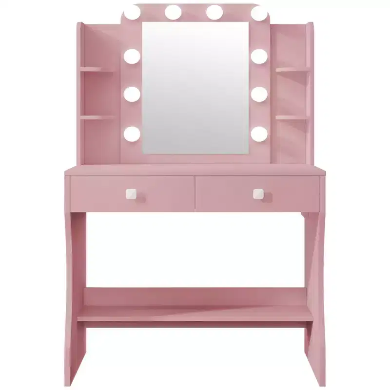 Small Vanity Desk, Vanity with Power Outlet, 3 Lighting Modes & 10 LED Bulbs