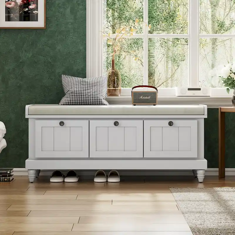 Shoe Bench with Lift Top Cushion Seat & Hidden Space, Entryway Shoe Storage Bench with 3 Drawers, Bedroom End of Bed Bench