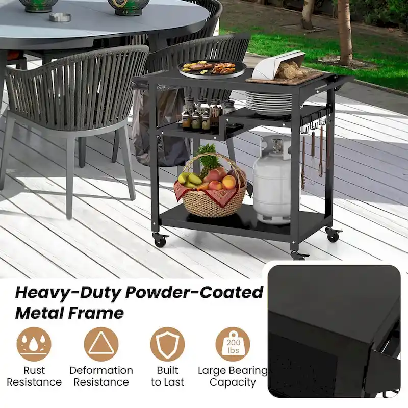 Costway Rolling Grill Cart 3-Shelf BBQ Table Pizza Oven Stand with - See Details