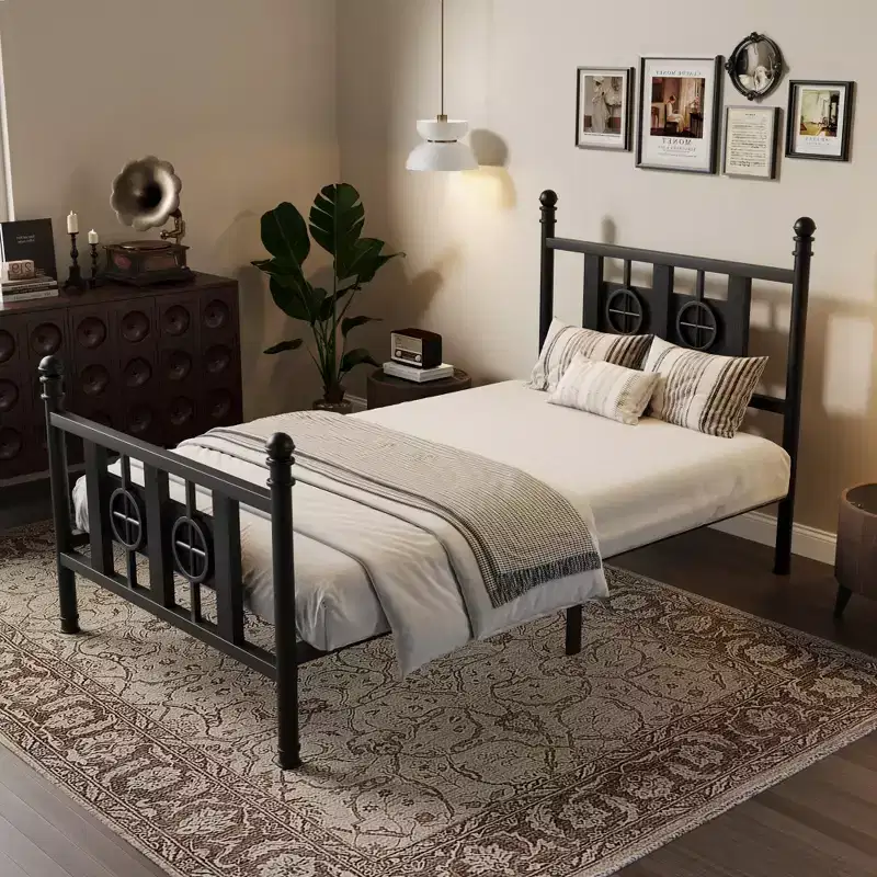 Metal Bed Frame for Dining Area Vintage Headboard & Footboard, Circular Accents, Under-Bed Storage, Easy Assembly