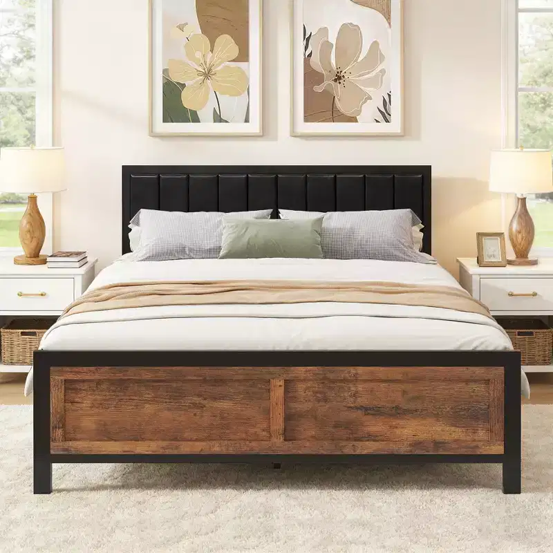 Queen Bed Frame with 4 Storage Drawers, PU Leather Upholstered Headboard, No Box Spring Needed, Noise Free