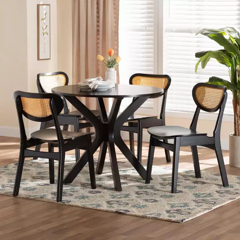 Baxton Studio Giuliana Mid-Century Wood and Woven Rattan 5-Piece Dining Set