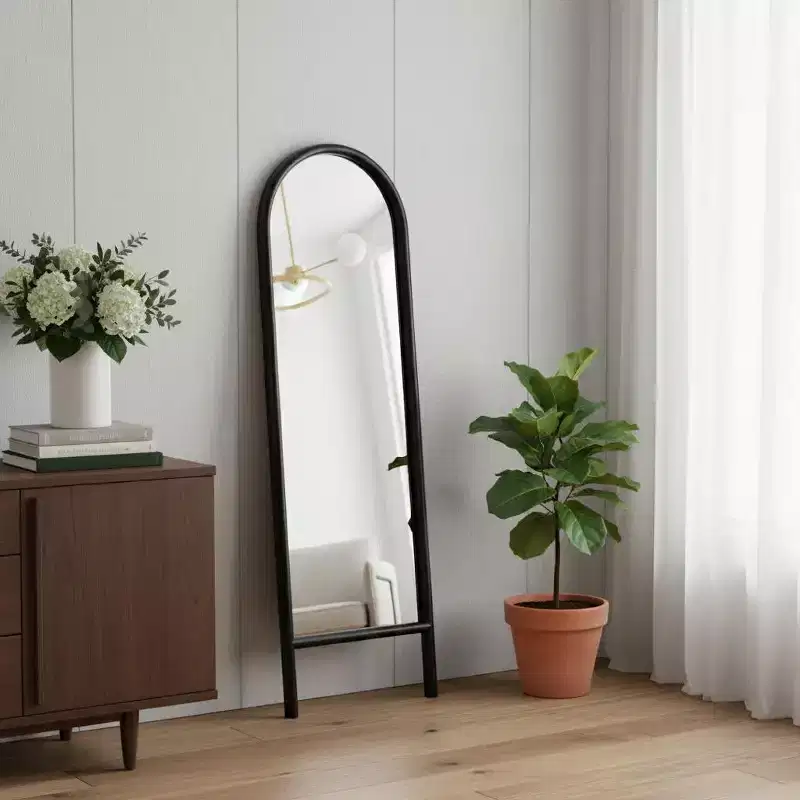 64 Black Solid Wood Arch Leaning Ladder Framed Full Length Mirror