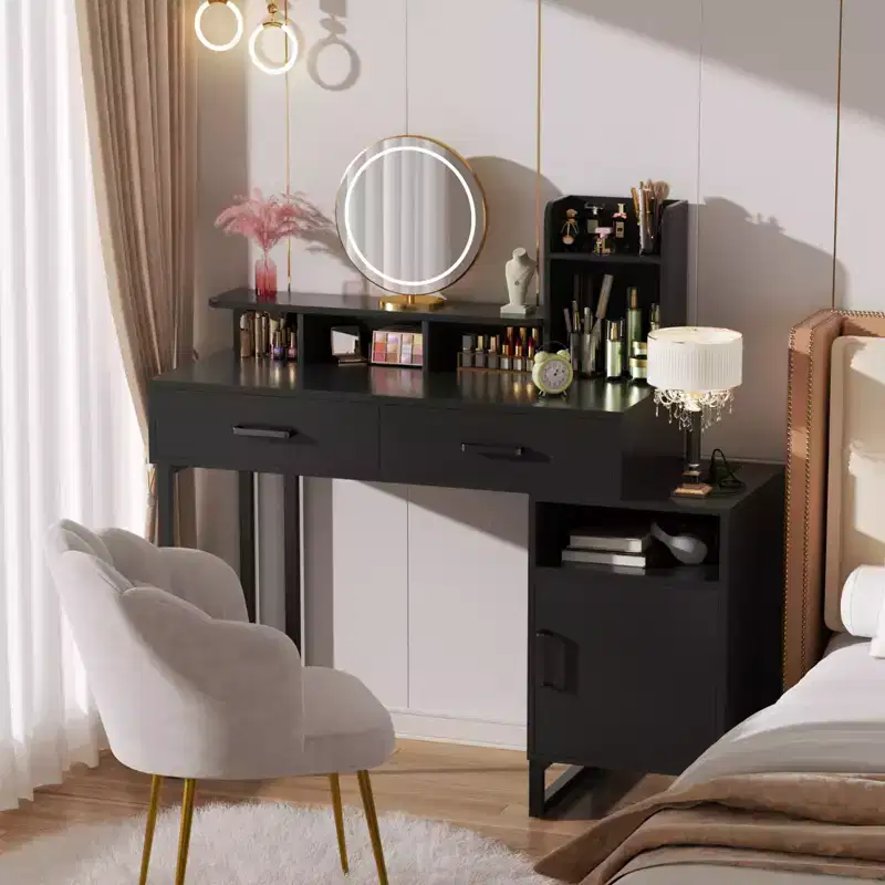 Besiost Vanity Desk with Charging Station, Makeup Table with Storage Drawers, Cabinet