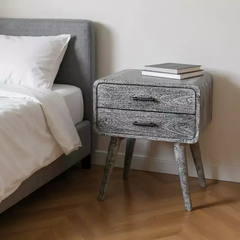 22 Gray Solid Wood Distressed Two Drawer Nightstand