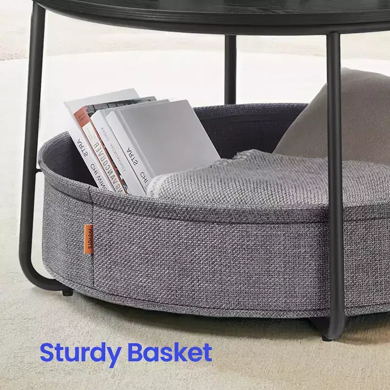Round Coffee Table with Metal Frame, Modern Style Center Table for Living Room with Storage and Fabric Basket