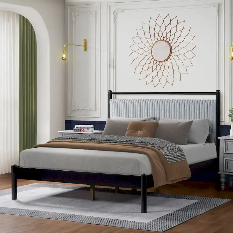 Queen Wood Platform Bed Frame with Fluffy Soft Headboard