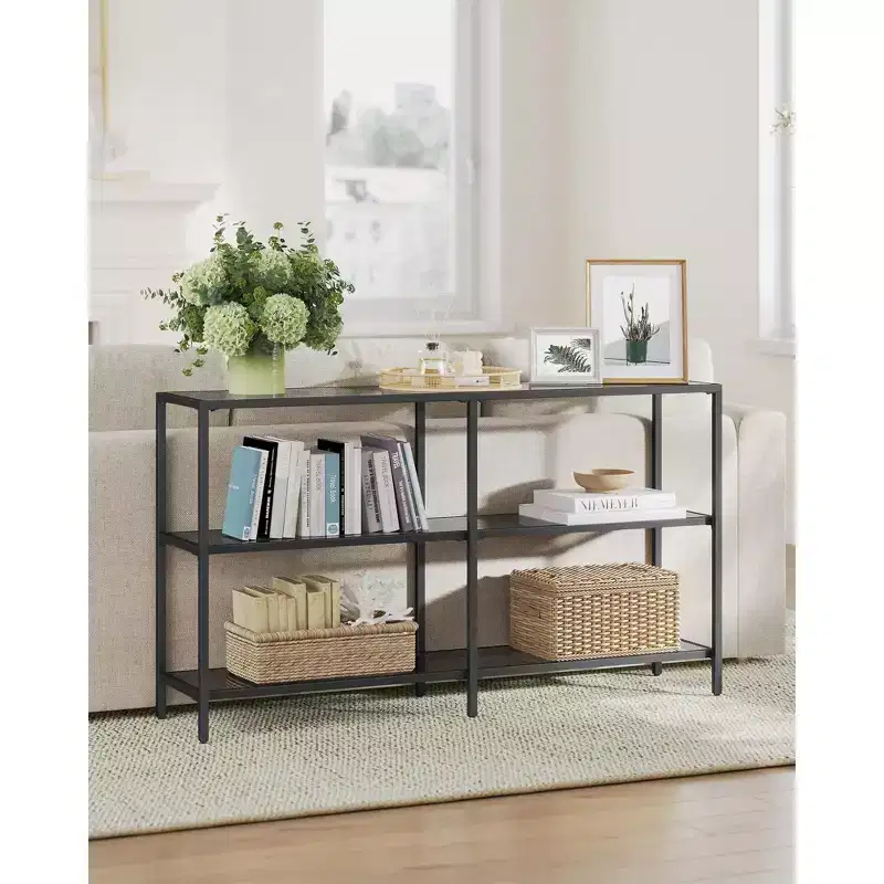VASAGLE 51.2 Inch Console Table with 3 Shelves, Sofa Table, Entryway Table, Metal Frame, Tempered Glass Shelf, Modern Style