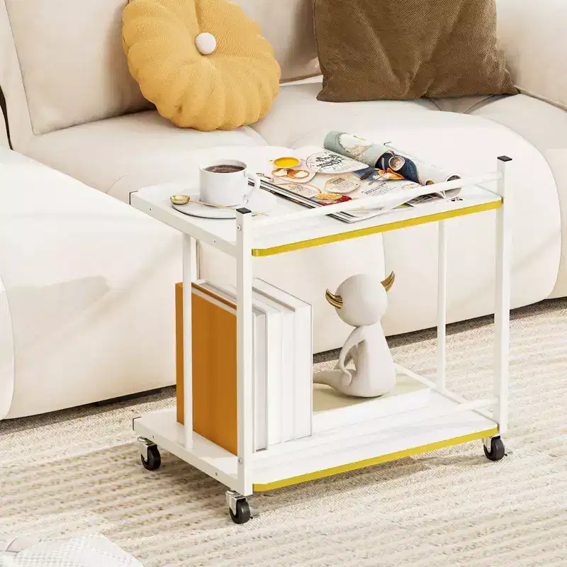 2-Tier Mobile Side Table with Open Shelves, Golden Trimmed Edges, Lockable Wheels