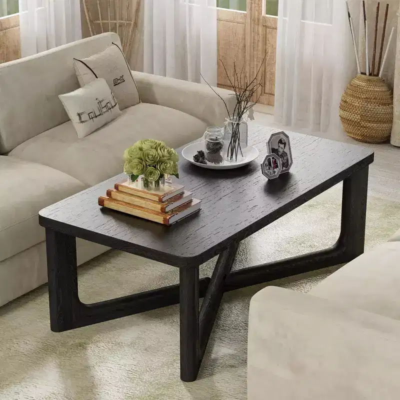 PexFix 50 Modern Coffee Table Rectangular Farmhouse Solid Wood Coffee Table with Cross Sturdy Legs Center Table for Home Office Living Room Black