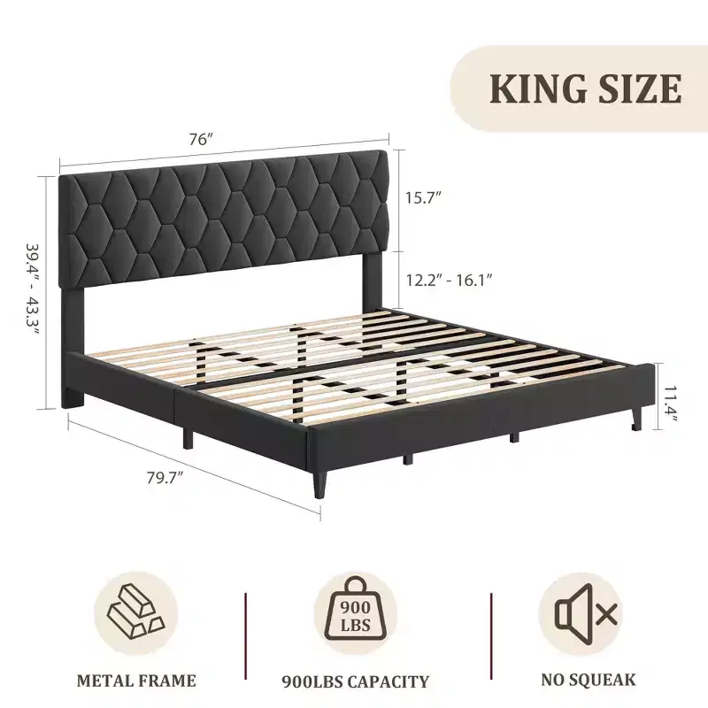 Pink King Bed Frame with Upholstered Headboard, Heavy-Duty Platform Bed Frame with Strong Wood Slats, No Box Spring Needed/Noise Free/Easy Assembly