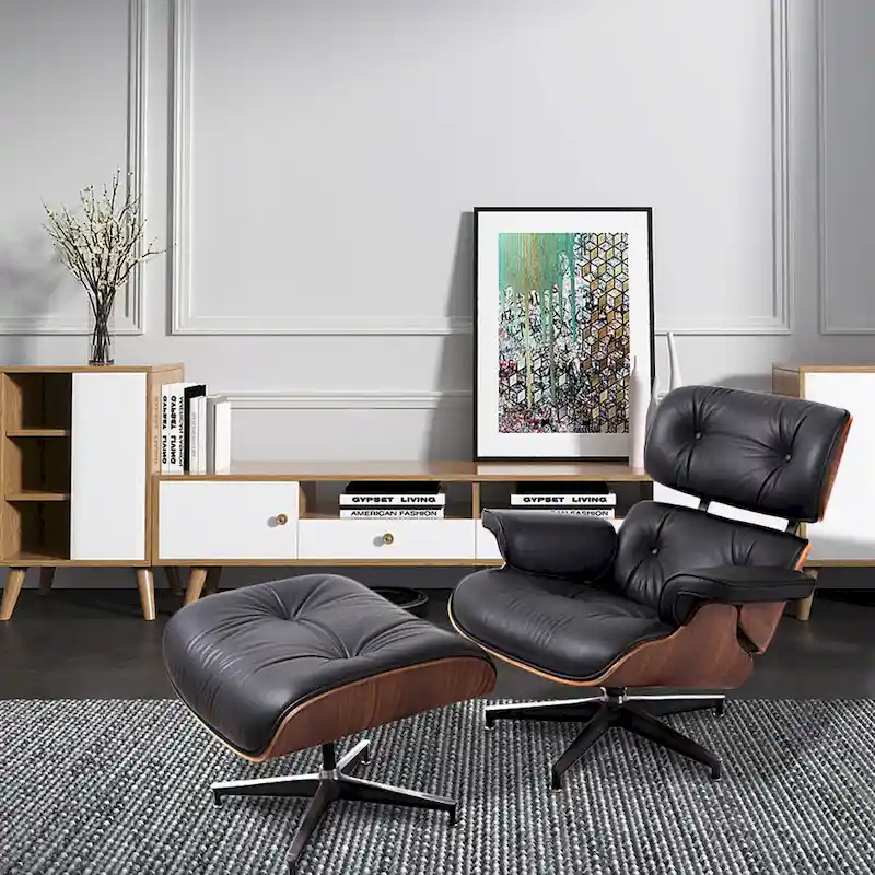 HomeRoots 35 Black Tufted Leather And Brown Swivel Lounge Chair with Ottoman - 34.6