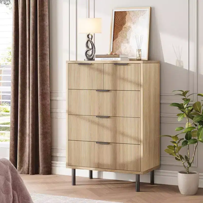 Fluted 5 Drawer Dresser for Bedroom, Modern Wood Chest of Drawers with Wide Drawers, Closet Dresser Organizer with Anti-Tipping Device