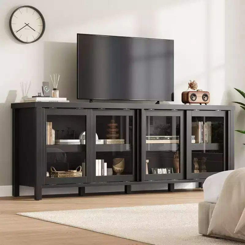 TV Stand for 65-Inch TVs with Entertainment Center - Storage Cabinet, 4 Sliding Glass Doors, Mid-Century Modern Media Console