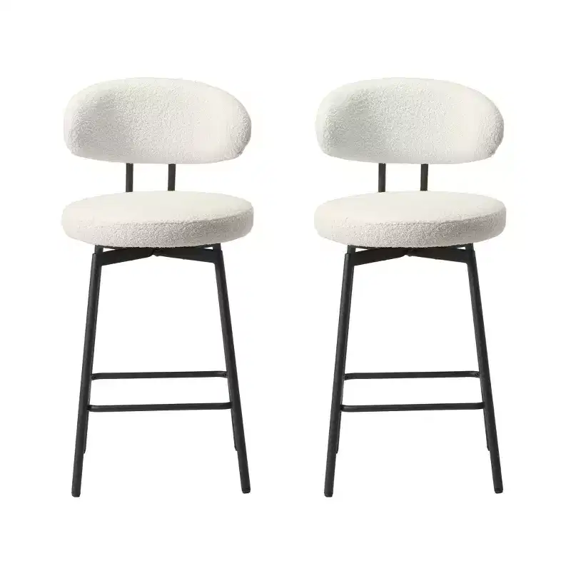 Modern Upholstered Faux Shearling Fabric Counter Height Bar Stools with Back (Set of 2