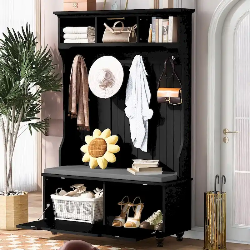 47.2 Entryway Bench with Coat Rack, Cushion and 4 Sturdy Hooks for Hallway, Entryway, Living Room