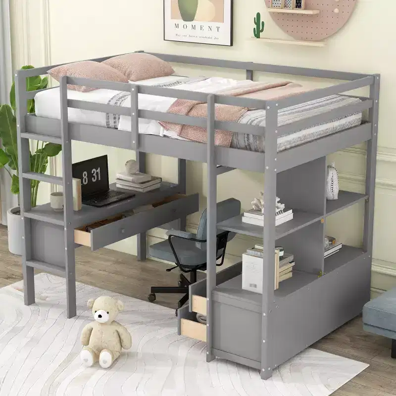 Loft Bed with Built-In Desk, Storage Shelves and Drawers RE- ModernLuxe