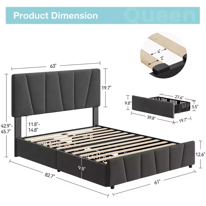 COZONY Twin/Queen Bed Frame with Adjustable Headboard & 4 Storage Drawers, Velvet Tufted Platform Bed
