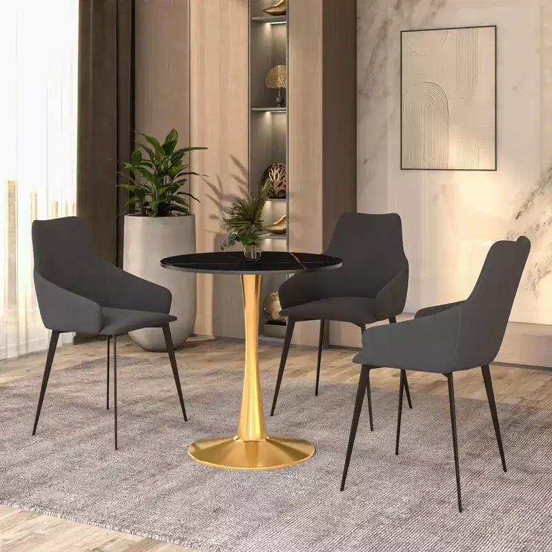 27 Inch Round Dining Table with Sintered Stone Top and Gold Steel Pedestal Base