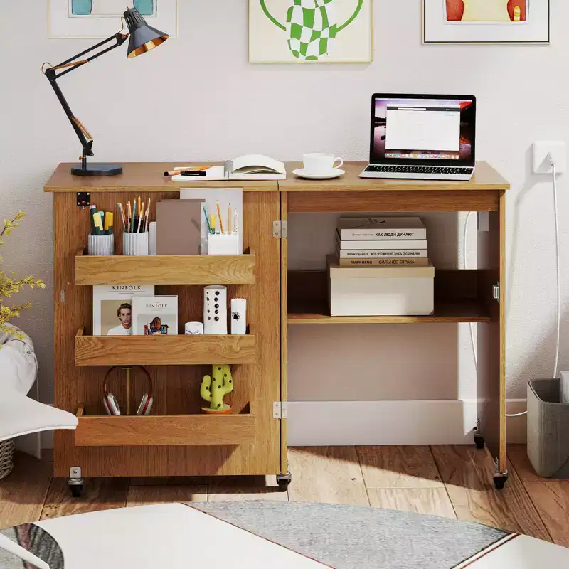 Folding Sewing Table Rolling Craft Station with 3 Storage Bins & Charging Station White/Natural/Brown