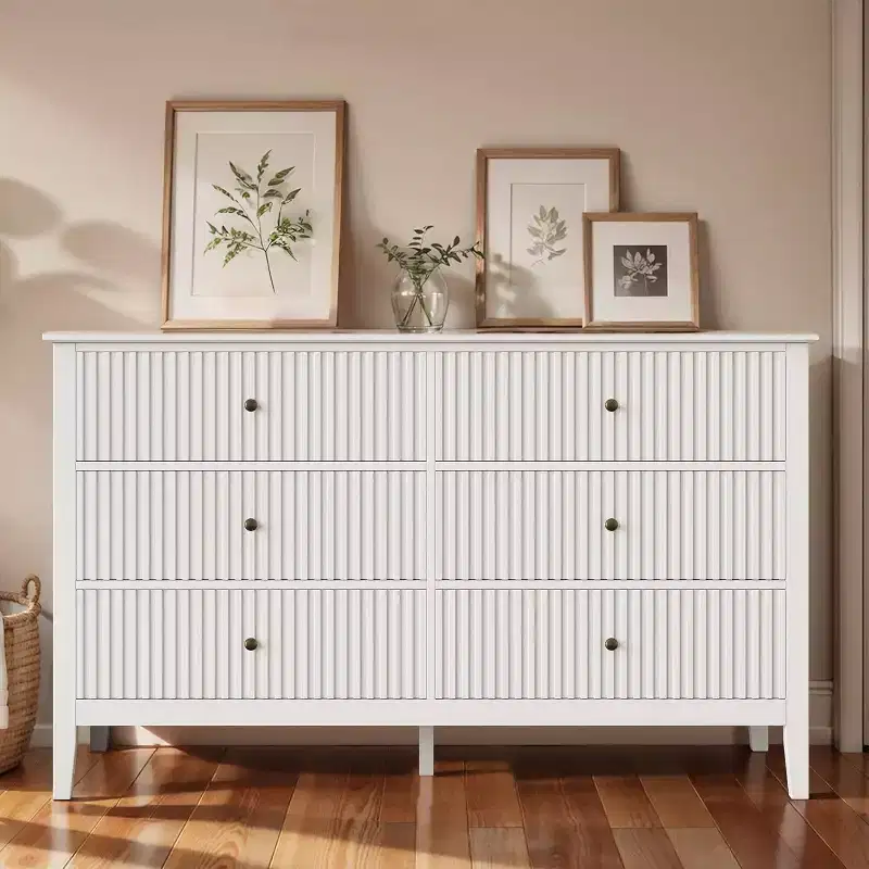 Heynemo Fluted 6 Drawer Dresser, Modern Closet Organizer Dressers, Double Chest of Drawers with Soft Close Drawers, Wood Storage Cabinet, White