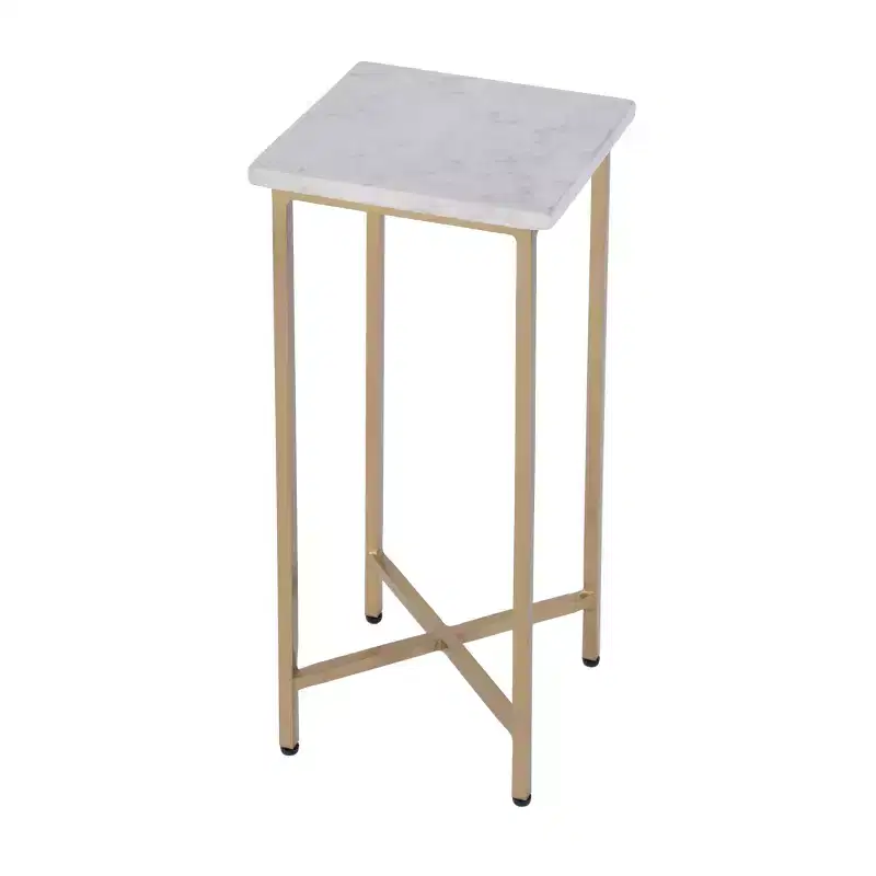 HomeRoots 21 White and Gold Distressed Marble and Iron Square End Table