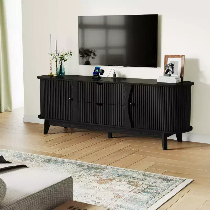 TV Stand with Charging Station, Entertainment Center for up to 70 Inch TV, Media Console Table with 2 Storage Cabinets & 2 Drawers for Living Room