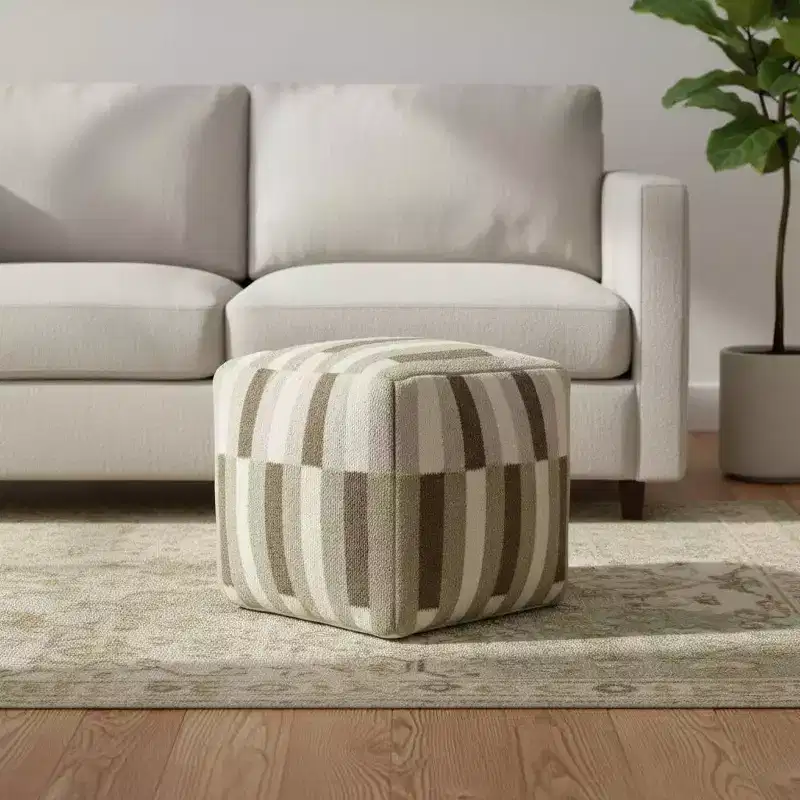 HomeRoots 18 Brown Ivory And Khaki Brown Woven Geometric Pouf Ottoman