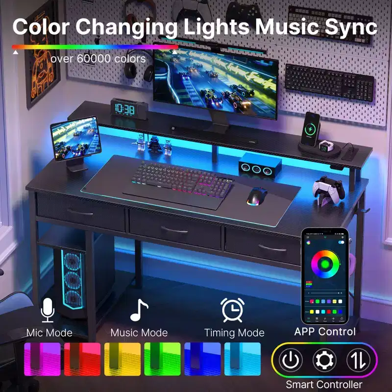 Greenstell 39/47/55 inch Storage Computer Desk with Monitor Stand, LED Gaming Desk, Power Outlet and Multiple Drawers