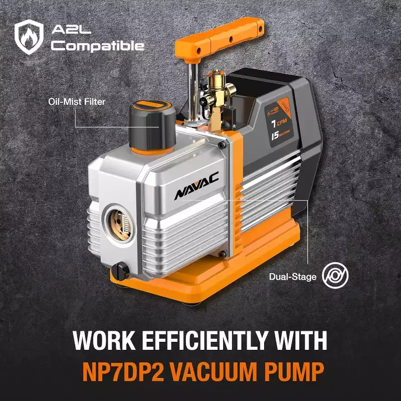 NAVAC NP7DP2 HVAC Vacuum Pump - Dual-Stage AC Motor - A2L Refrigerants - A/C Vacuum Pump Kit - For Evacuation of HVAC Equipment - 15 Microns - 7 CFM