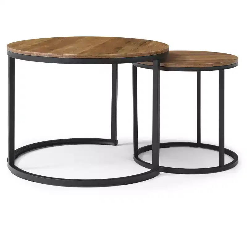 Nesting Table Set of 2, Round Nesting Coffee Table with Wood Tabletop & Metal Frame, Circle Coffee Tables for Home Office Living Room Bedroom