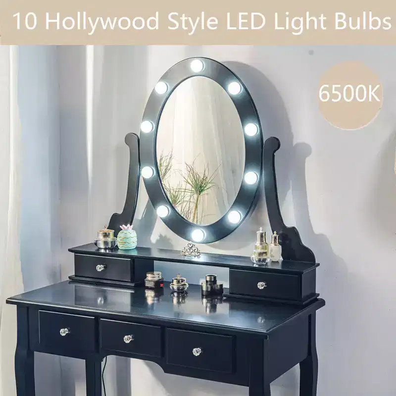COZONY Vanity Desk with Lights, Wood Makeup Table with Oval Mirror & Stool, 3-Color Lighting, 5 Large Drawers