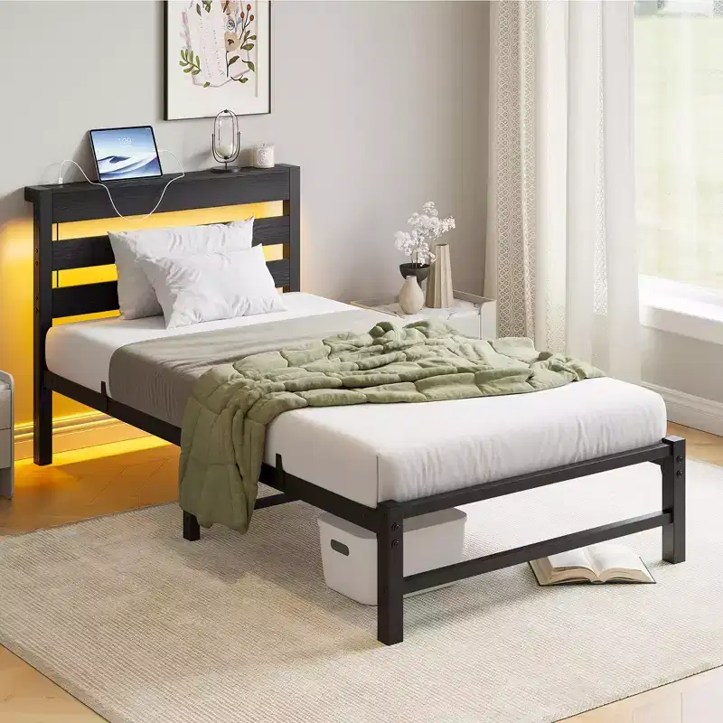 CLIHOME Black Bed Frame Heavy Duty Platform LED Bed Frame with Headboard & USB Charging Station