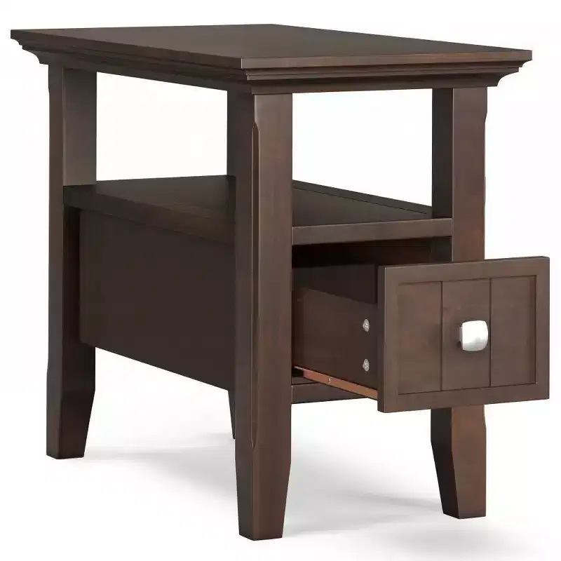 Narrow Side Table with Drawer, Brunette Brown, Storage Shelf, Lacquered Pine Frame
