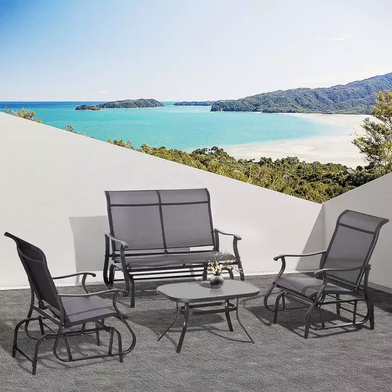 Outsunny 4 Pieces Gliders Set, Outdoor Furniture Sets with 2-Person Glider Patio Bench, Single Sling Chair and Glass Coffee Table, Black