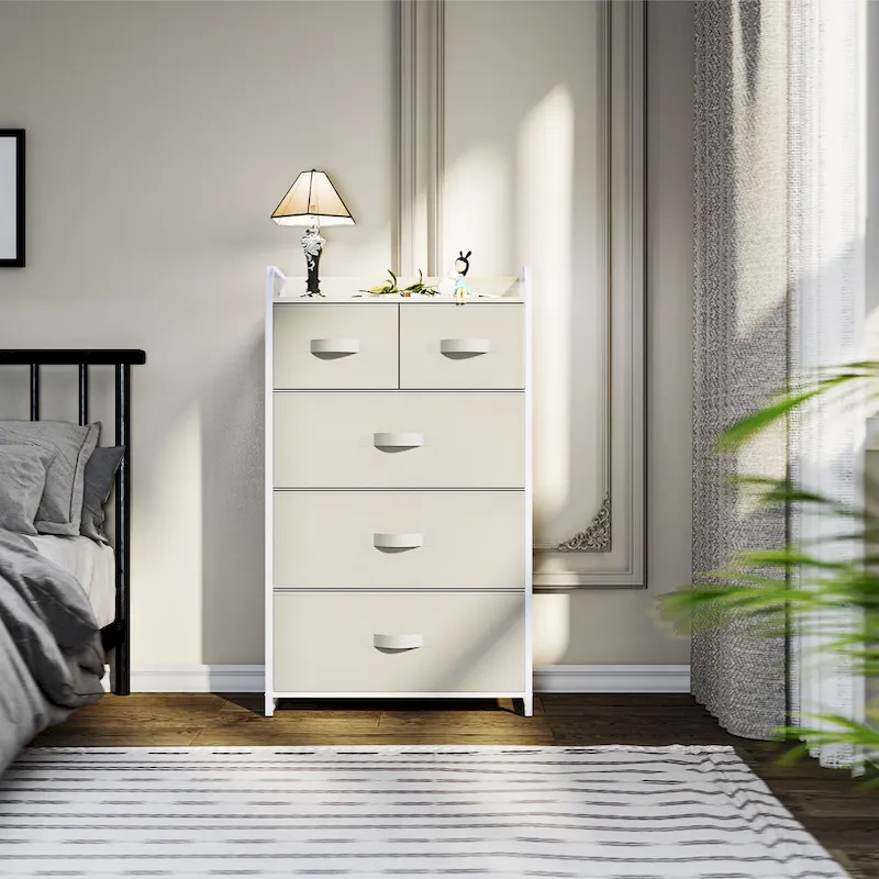 5-Drawer Fabric Dresser Storage Tower with Metal Frame – Dark Grey / Black Grey / Black Wood Grain / Gray / Light Wood, 1-Unit